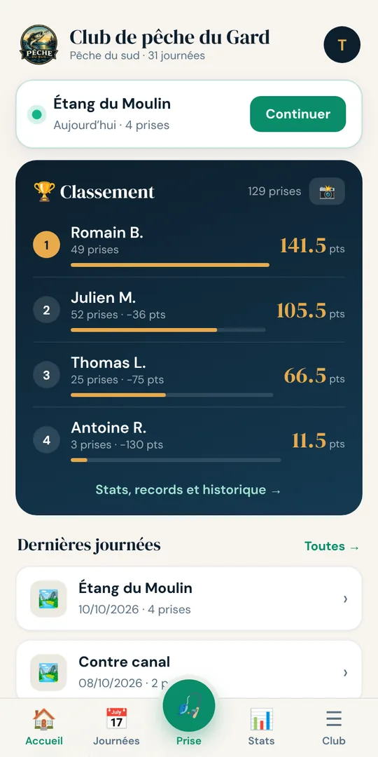 Application Fish Rank : classement du championnat