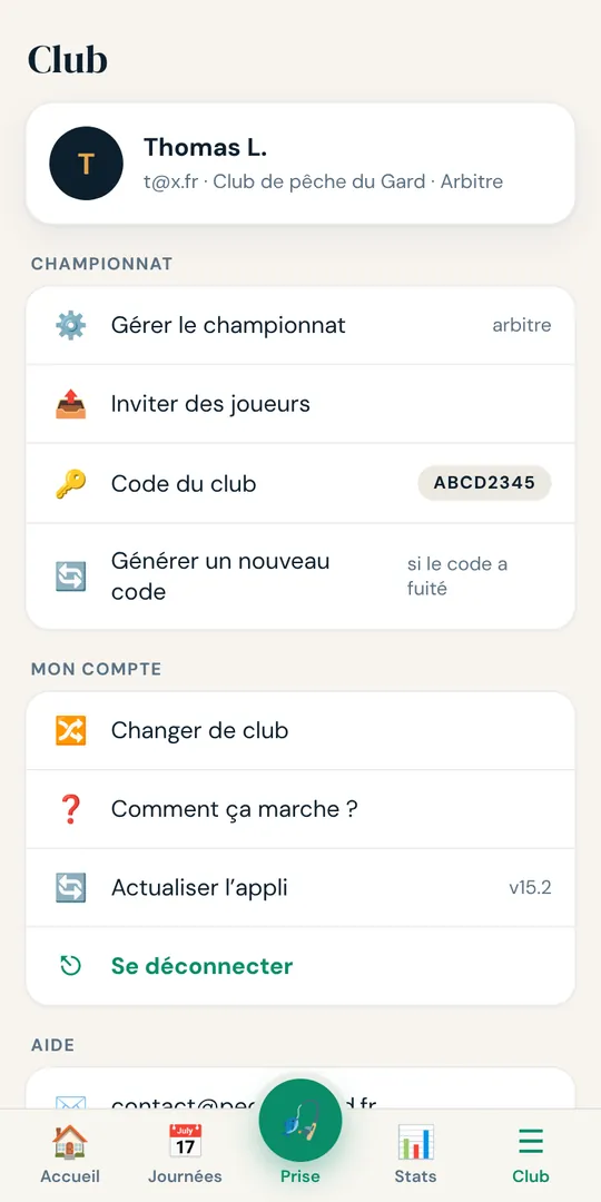 Écran Club : invitations, code du club, compte
